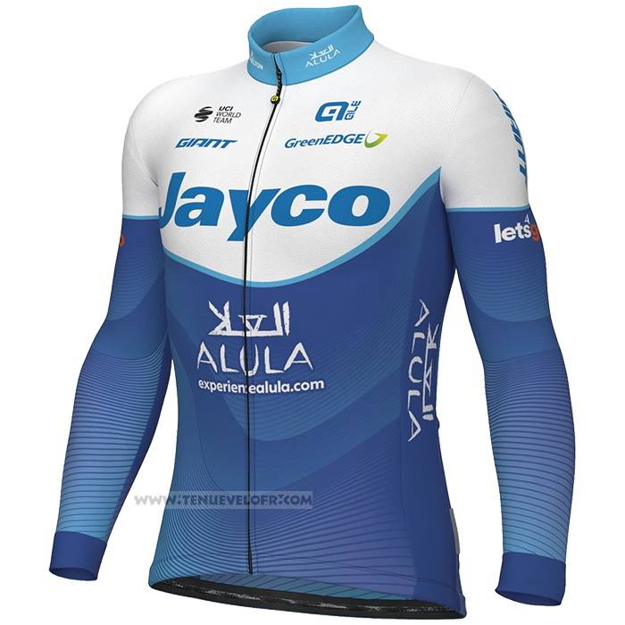 2023 Maillot Cyclisme Jayco Alula Bleu Blanc Manches Longues et Cuissard